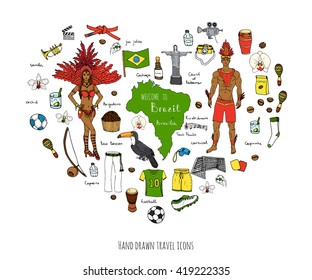 Hand drawn doodle Welcome to Brazil set. Vector illustration Sketchy Brazilian traditional icons Cartoon national typical elements collection Landmark Football ball cleats goal Capoeira Samba Orchid