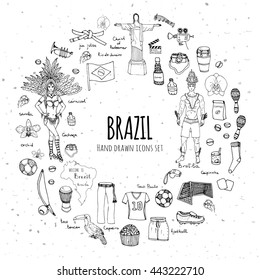 Hand drawn doodle Welcome to Brazil set. Vector illustration Sketchy Brazilian traditional icons Cartoon national typical elements collection Landmark Football ball cleats goal Capoeira Samba Orchid