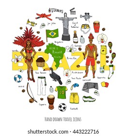 Hand drawn doodle Welcome to Brazil set. Vector illustration Sketchy Brazilian traditional icons Cartoon national typical elements collection Landmark Football ball cleats goal Capoeira Samba Orchid