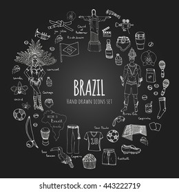 Hand drawn doodle Welcome to Brazil set. Vector illustration Sketchy Brazilian traditional icons Cartoon national typical elements collection Landmark Football ball cleats goal Capoeira Samba Orchid