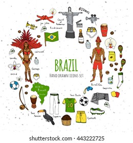 Hand drawn doodle Welcome to Brazil set. Vector illustration Sketchy Brazilian traditional icons Cartoon national typical elements collection Landmark Football ball cleats goal Capoeira Samba Orchid