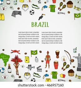 Hand drawn doodle Welcome to Brazil set Vector illustration Sketchy Brazilian traditional icons Cartoon Brazil typical elements collection Landmark Football ball cleats goal Capoeira Samba Orchid