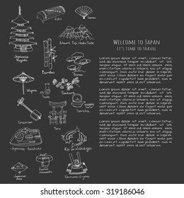 Hand drawn doodle Welcome to Japan set. Vector illustration for tourism article, Sketchy Japanese related icons, Japan elements, map, pagoda, umbrella, sumo, sake, samurai, Fuji, food, sakura