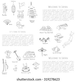 Hand drawn doodle Welcome to Japan set. Vector illustration for tourism article, Sketchy Japanese related icons, Japan elements, map, pagoda, umbrella, sumo, sake, samurai, Fuji, food, sakura