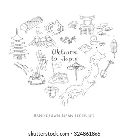 Hand drawn doodle Welcome to Japan set. Vector illustration. Sketchy Japanese related icons, Japan elements, map, pagoda, umbrella, sumo, sake, samurai, Fuji, food, sakura