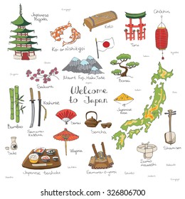 Hand drawn doodle Welcome to Japan set. Vector illustration. Sketchy Japanese related icons, Japan elements, map, pagoda, umbrella, sumo, sake, samurai, Fuji, food, sakura