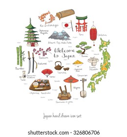 Hand drawn doodle Welcome to Japan set. Vector illustration. Sketchy Japanese related icons, Japan elements, map, pagoda, umbrella, sumo, sake, samurai, Fuji, food, sakura