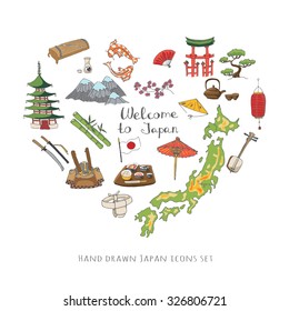 Hand drawn doodle Welcome to Japan set. Vector illustration. Sketchy Japanese related icons, Japan elements, map, pagoda, umbrella, sumo, sake, samurai, Fuji, food, sakura