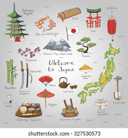 Hand drawn doodle Welcome to Japan set. Vector illustration for tourism article, Sketchy Japanese related icons, Japan elements, map, pagoda, umbrella, sumo, sake, samurai, Fuji, food, sakura