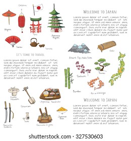 Hand drawn doodle Welcome to Japan set. Vector illustration for tourism article, Sketchy Japanese related icons, Japan elements, map, pagoda, umbrella, sumo, sake, samurai, Fuji, food, sakura