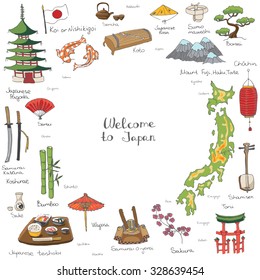 Hand drawn doodle Welcome to Japan set. Vector illustration. Sketchy Japanese related icons, Japan elements, map, pagoda, umbrella, sumo, sake, samurai, Fuji, food, sakura