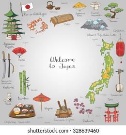 Hand drawn doodle Welcome to Japan set. Vector illustration. Sketchy Japanese related icons, Japan elements, map, pagoda, umbrella, sumo, sake, samurai, Fuji, food, sakura
