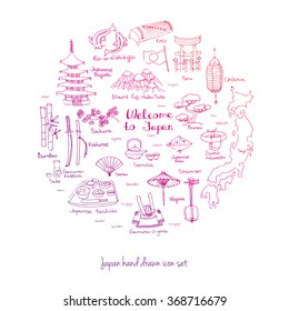 Hand drawn doodle Welcome to Japan set. Vector illustration. Sketchy Japanese related icons, Japan elements, map, pagoda, umbrella, sumo, sake, samurai, Fuji, food, sakura