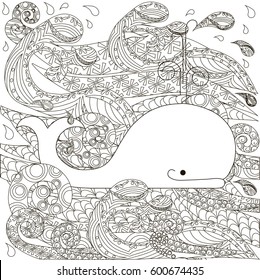 Hand drawn doodle whale on waves, anti stress coloring page stock vector illustration