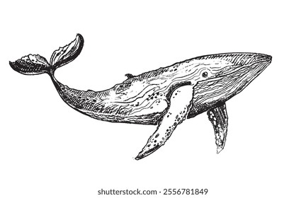 Hand drawn doodle  whale in vector. Sketch art with sea animal. 100% vector hand drawm image.