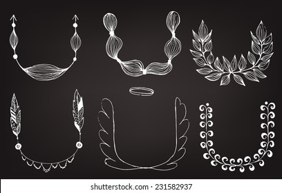 Hand Drawn Doodle Whimsical Wreaths on black chalkboard