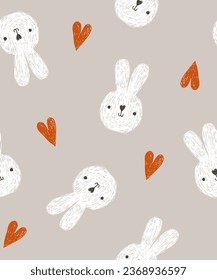 hand drawn doodle white bunny face oa grey beige background with red hearts, seamless pattern for valentines day wrapping paper or textile