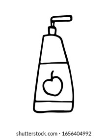Hand drawn doodle White cosmetic bottle. Black stroke, simple line. Vector illustration isolated on white background. Bottle with liquid soap and dispenser. Jar for lotion, balm or cream.