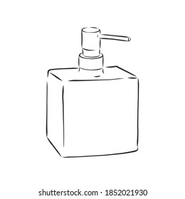 Hand drawn doodle White cosmetic bottle. Black stroke, simple line. Vector illustration isolated on white background. soap dispenser vector sketch illustration