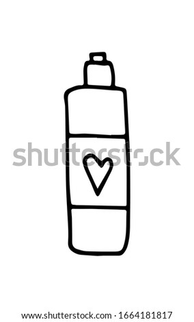 Hand drawn doodle White cosmetic bottle. Black stroke, simple line. Vector illustration isolated on white background. Bottle with liquid soap and dispenser. Jar for lotion, balm or cream.