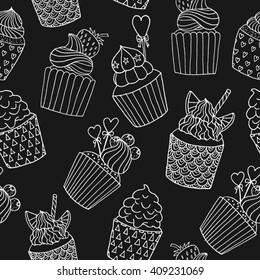 Hand drawn doodle white cupcakes on a black background. Vector seamless pattern