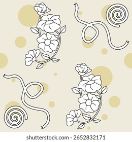 hand drawn doodle white flower, ribbon, circle in light yellow background seamless pattern