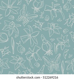 Hand drawn doodle white flowers and bugs seamless pattern on light blue background vector illustration