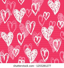 Hand Drawn Doodle White Hearts Valentine's Day vector Seamless Pattern. Cute Graffity Hot Pink Background