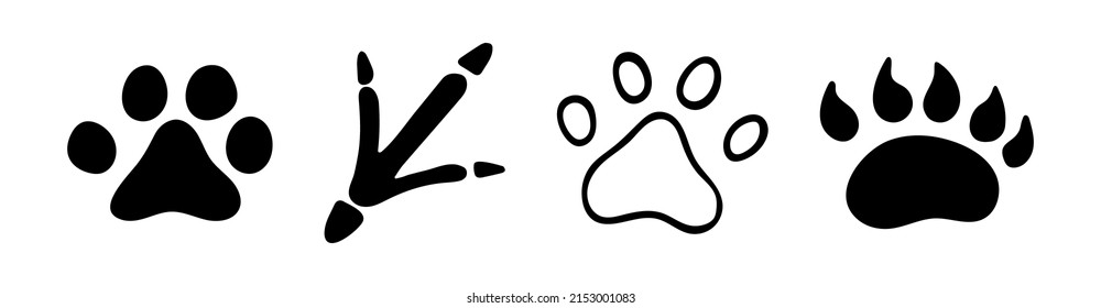 Hand Drawn Doodle Wild Animal Footprints. Vector Black Bird Paws. Set With Footprints. Camping Collection. Outline. 