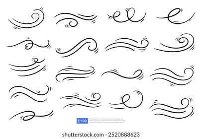 Movimento do vento com doodle desenhado à mão apresentando redemoinhos, sopro de ar e elementos de fluxo de fumaça. Linhas abstratas em estilo de esboço, perfeitas para ilustrar o movimento ou o fluxo de ar. Vetor isolado para uso versátil.