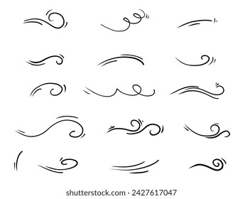 Hand drawn doodle wind line sketch set. Isolated vector illustration.