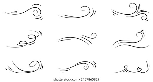 Dibujado a mano doodle movimiento del viento, soplo de aire, remolino conjunto de iconos. Esboce el símbolo de movimiento de soplo de aire dibujado. Ilustración vectorial.