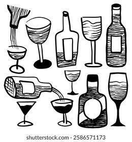Hand drawn doodle wine bottle and wine glass set