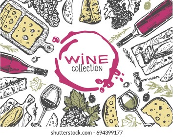 Hand drawn doodle wine collection. Grape and cheese