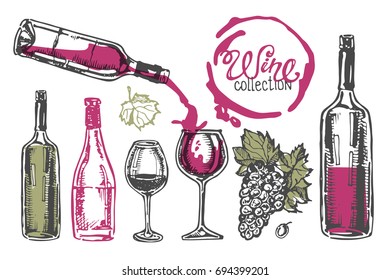 Hand drawn doodle wine collection. Grape