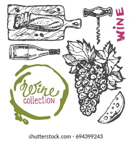 Hand drawn doodle wine collection. Grape and cheese