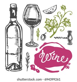 Hand drawn doodle wine collection. Grape and cheese