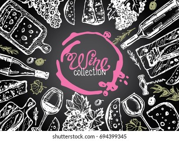 Hand drawn doodle wine collection. Grape and cheese