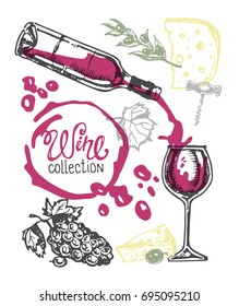 Hand drawn doodle wine collection. Grape and cheese