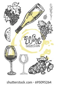 Hand drawn doodle wine collection. Grape and cheese