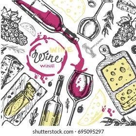 Colección de vinos de doodle dibujado a mano. Uva y queso