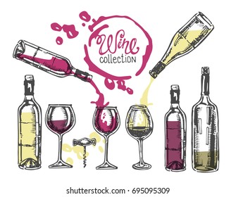 Hand drawn doodle wine collection. 