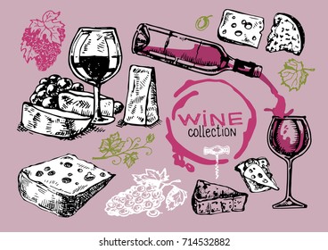Hand drawn doodle wine collection. Grape and cheese