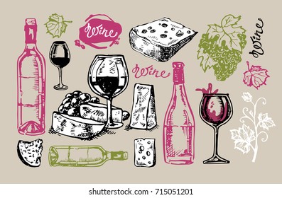 Hand drawn doodle wine collection. Grape and cheese