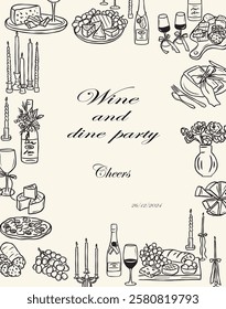 Hand drawn doodle wine party template