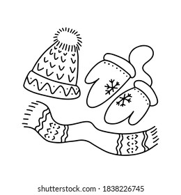 Hand drawn doodle winter  hat with pompom,  mittens with  snowflakes, scarf isolated on white background. Vector outline illustration. Design for greeting  card, flyer, banner, market