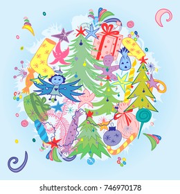 Hand Drawn Doodle Winter Holiday Symbols. Colorful Children Drawings of  Fir Trees, Gifts, Candle, Sweets, Angel and Snowflakes. Vector illustration.