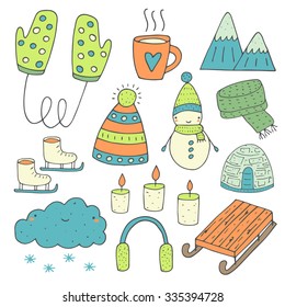 Hand drawn doodle winter objects collection including mittens, snow cloud, cup with hot tea, mountain, scarf, snowman, ice house, sledges, candle, skates, ear cover. All you need for winter collection