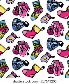 Hand drawn doodle winter pattern with hat, mittens, boots, socks on color background. Vector illustration, Winter clothing pattern.