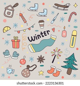 Hand drawn doodle winter set. Includes winter clothes, drinks, and festive items such as a gift, fireworks, and a garland.